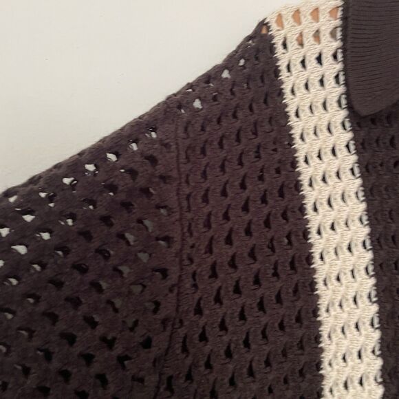 Earthbound Men’s Crochet Open Knit Button Down Top XXL Brown Resort Festival - Picture 3 of 10